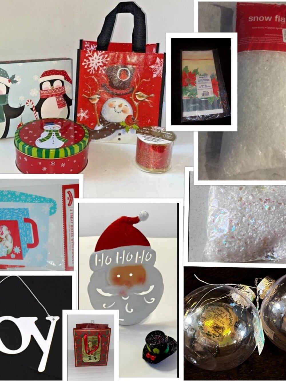 Lot of Christmas Gift/Box Tin, Reusable Tote Bags, Ornaments, METAL Santa, Frost